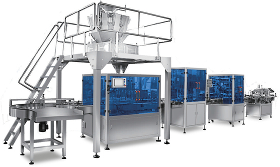 Horizontal Flow Automatic Packaging Line Granules Weighing Bottling Capping